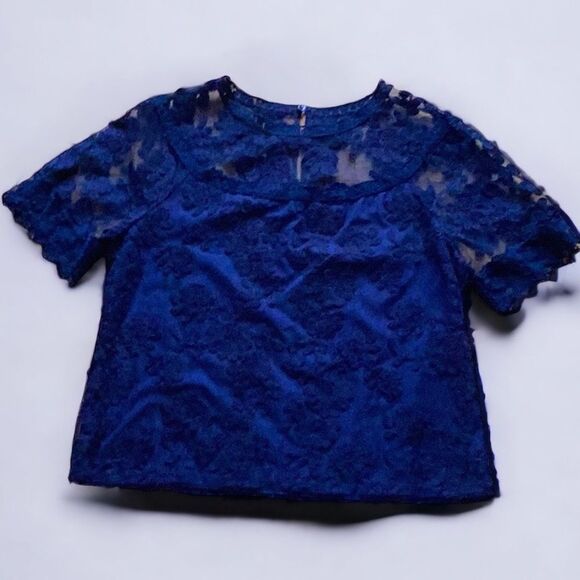 LAUNDRY BY SHELLI SEGAL BLOUSE TOP MEDIUM LACE EMBELLISHED NAVY BLUE - Picture 5 of 8